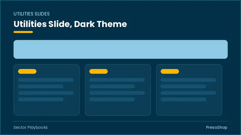 Editable PowerPoint utilities slide template in a dark theme, built from recolourable native shapes for sector playbooks decks
