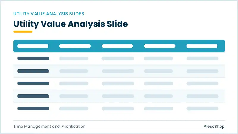 Editable PowerPoint utility value analysis slide template, built from recolourable native shapes for time management and prioritisation decks