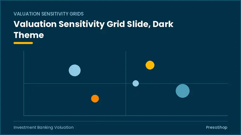 Editable PowerPoint valuation sensitivity grid slide template in a dark theme, built from recolourable native shapes for investment banking valuation decks