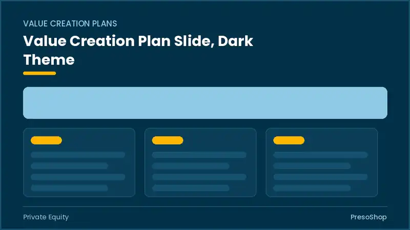 Editable PowerPoint value creation plan slide template in a dark theme, built from recolourable native shapes for private equity decks