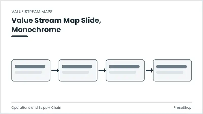 Editable PowerPoint value stream map slide template in a monochrome treatment, built from recolourable native shapes for operations and supply chain decks