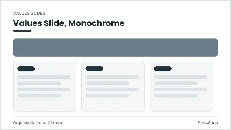 Editable PowerPoint values slide template in a monochrome treatment, built from recolourable native shapes for organisation and change decks