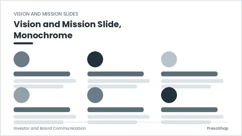 Editable PowerPoint vision and mission slide template in a monochrome treatment, built from recolourable native shapes for investor and board communication decks
