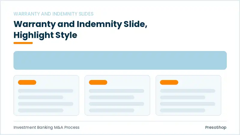 Editable PowerPoint warranty and indemnity slide template with an accented takeaway, built from recolourable native shapes for investment banking m&a process decks
