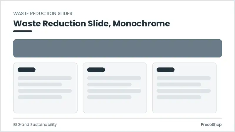 Editable PowerPoint waste reduction slide template in a monochrome treatment, built from recolourable native shapes for esg and sustainability decks