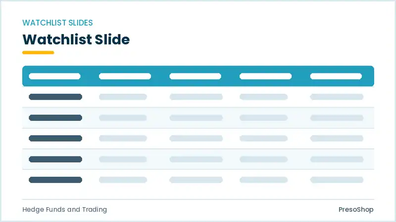 Editable PowerPoint watchlist slide template, built from recolourable native shapes for hedge funds and trading decks