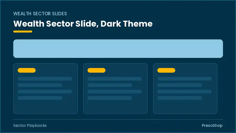 Editable PowerPoint wealth sector slide template in a dark theme, built from recolourable native shapes for sector playbooks decks