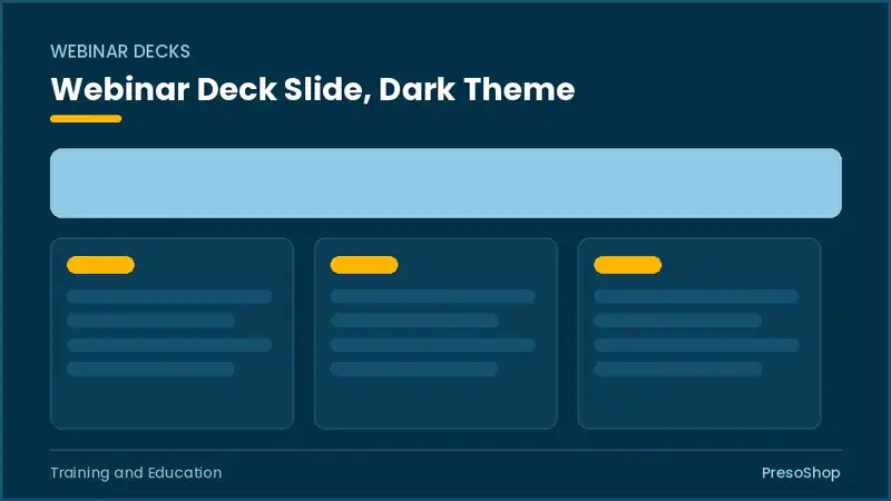 Editable PowerPoint webinar deck slide template in a dark theme, built from recolourable native shapes for training and education decks