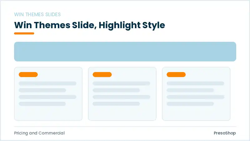 Editable PowerPoint win themes slide template with an accented takeaway, built from recolourable native shapes for pricing and commercial decks