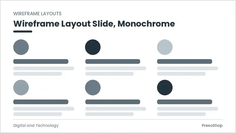 Editable PowerPoint wireframe layout slide template in a monochrome treatment, built from recolourable native shapes for digital and technology decks