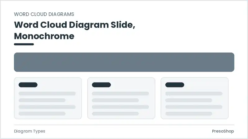 Editable PowerPoint word cloud diagram slide template in a monochrome treatment, built from recolourable native shapes for diagram types decks