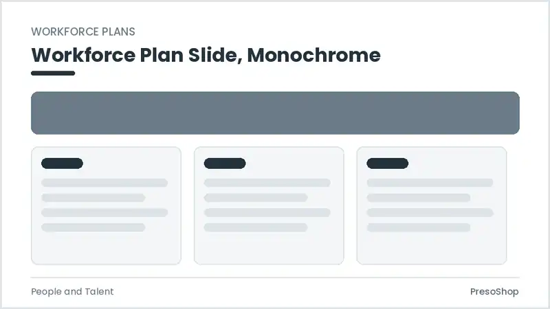 Editable PowerPoint workforce plan slide template in a monochrome treatment, built from recolourable native shapes for people and talent decks