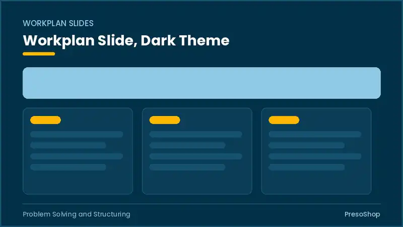 Editable PowerPoint workplan slide template in a dark theme, built from recolourable native shapes for problem solving and structuring decks