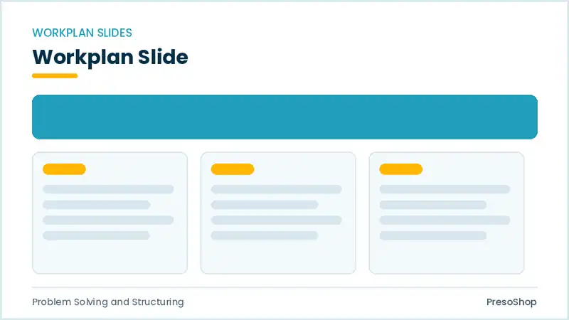 Editable PowerPoint workplan slide template, built from recolourable native shapes for problem solving and structuring decks