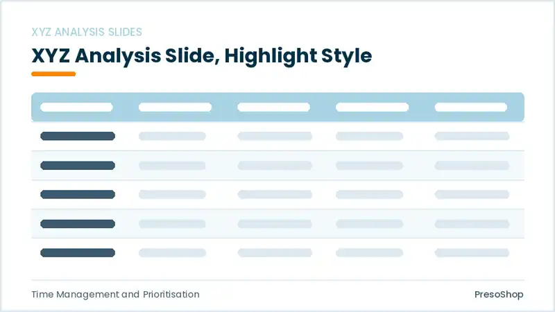 Editable PowerPoint xyz analysis slide template with an accented takeaway, built from recolourable native shapes for time management and prioritisation decks